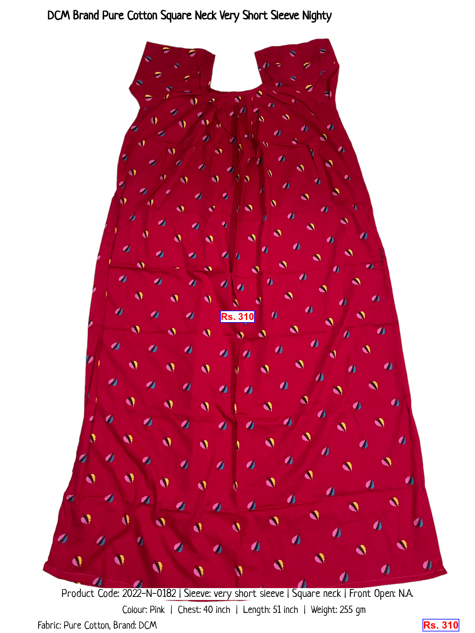 DCM Brand Pure Cotton Square Neck Very Short Sleeve Nighty