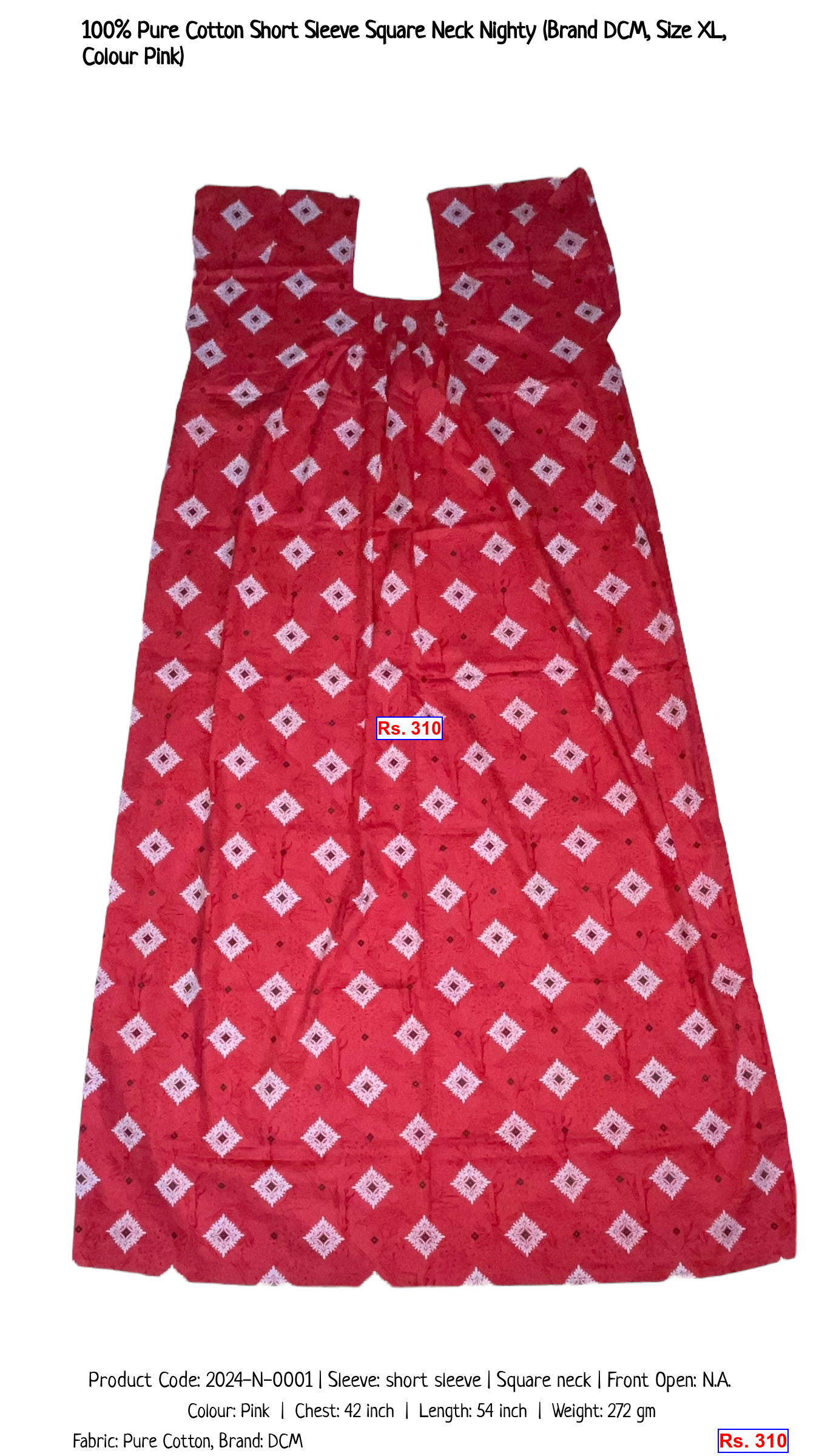 100% Pure Cotton Short Sleeve Square Neck Nighty (Brand DCM, Size XL, Colour Pink)