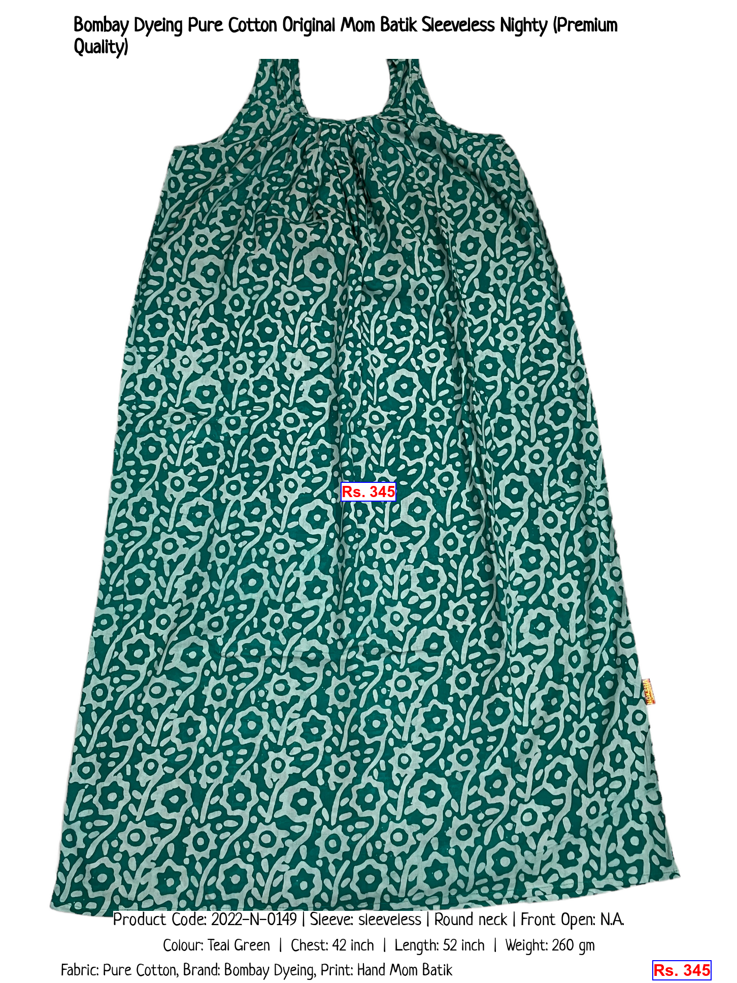 Bombay Dyeing Pure Cotton Original Mom Batik Sleeveless Nighty (Premium Quality)