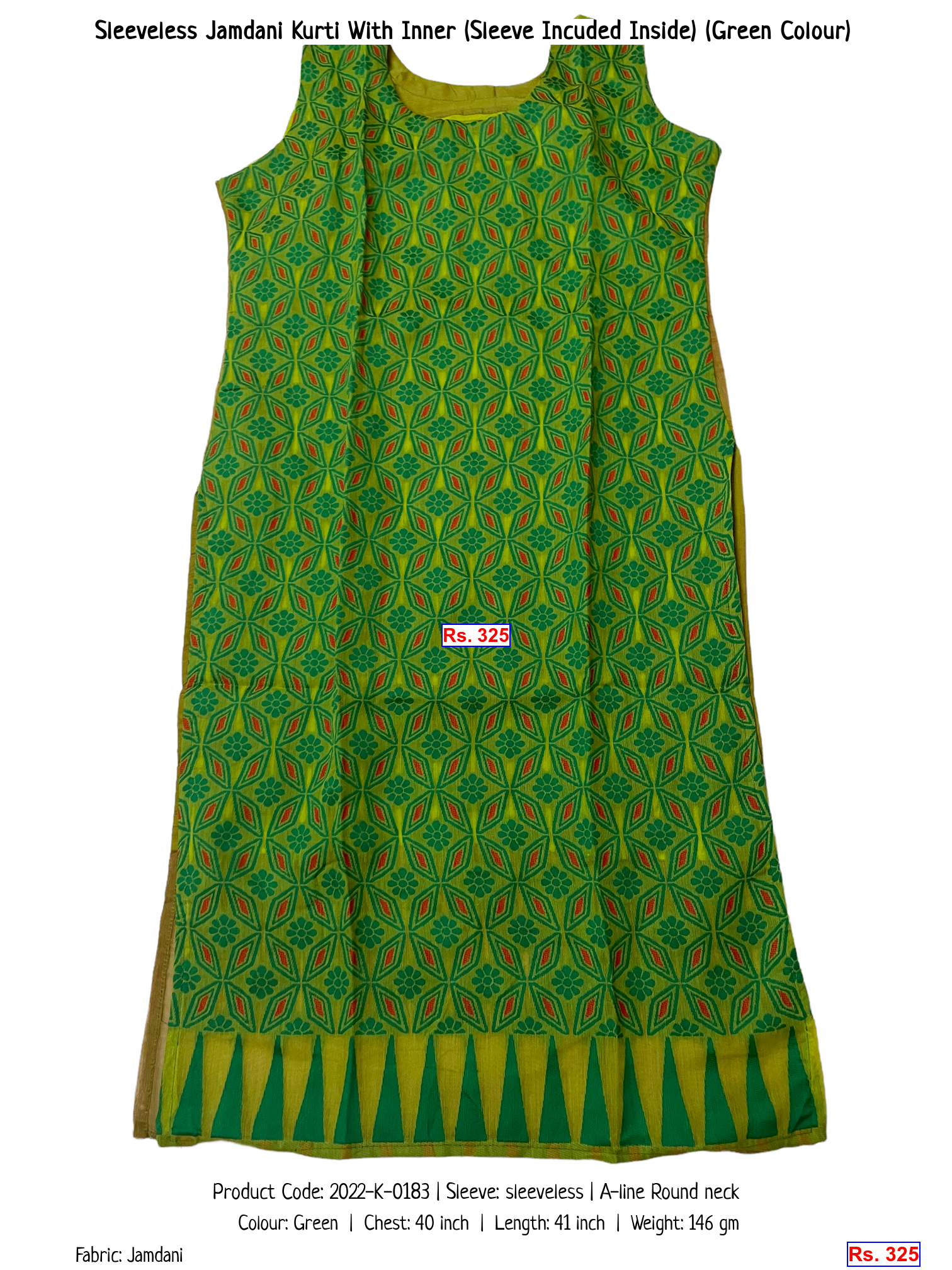 Sleeveless Jamdani Kurti With Inner (Sleeve Incuded Inside) (Green Colour)