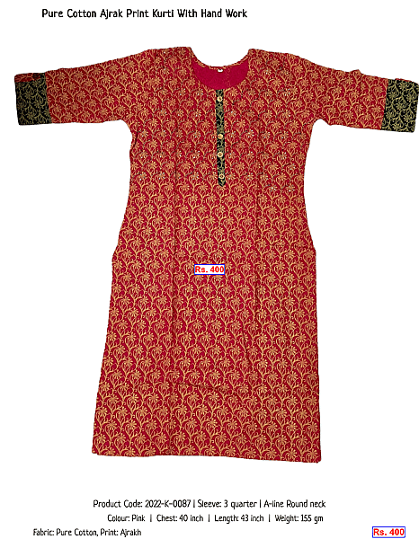 231-pure-cotton-ajrak-print-kurti-with-hand-work | Rs. 400