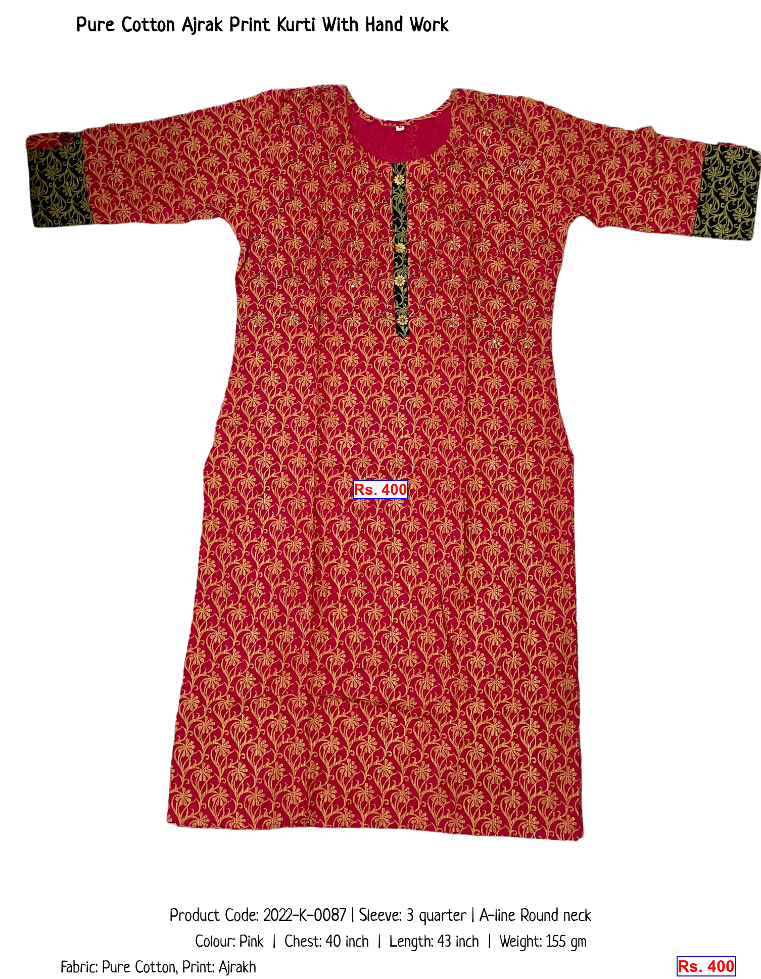 Pure Cotton Ajrak Print Kurti With Hand Work