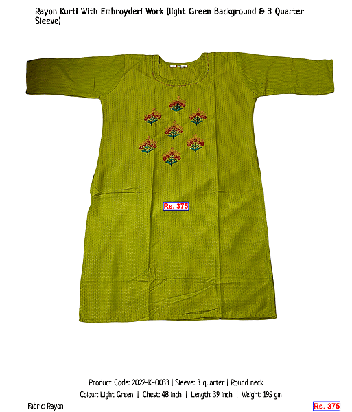 45-rayon-kurti-with-embroyderi-work-light-green-background-3-quarter-sleeve | Rs. 375