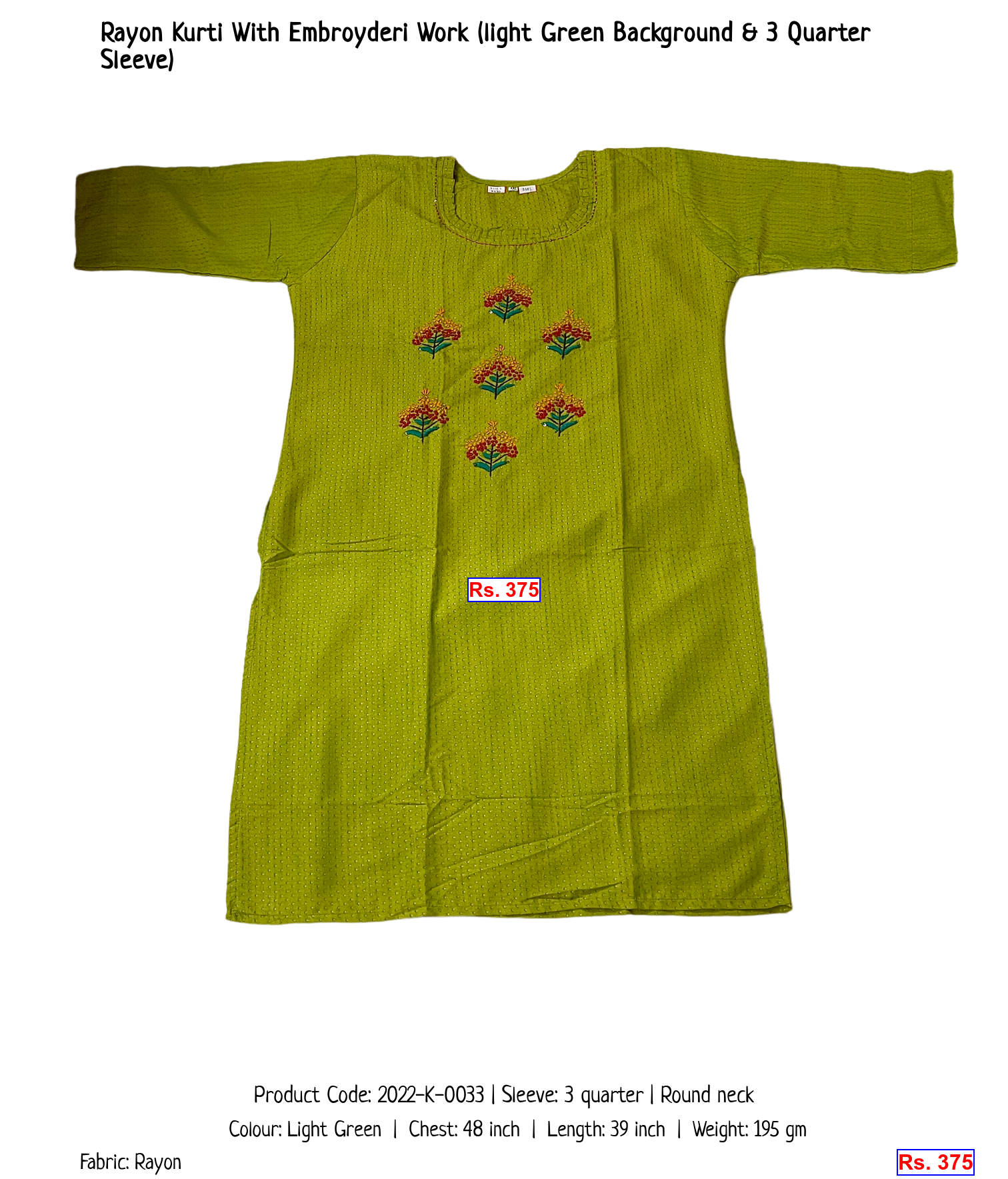 Rayon Kurti With Embroyderi Work (light Green Background & 3 Quarter Sleeve)