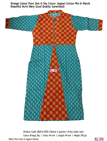 257-orange-colour-pure-ikat-sky-colour-jaypuri-cotton-mix-match-beautiful-kurti-very-good-quality-guranteed | Rs. 590