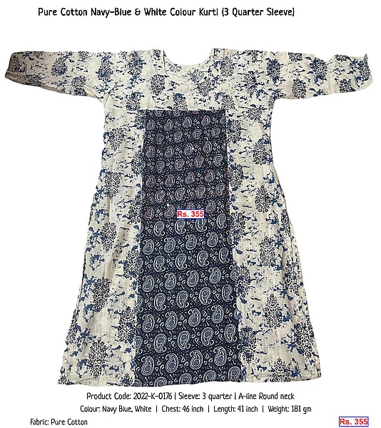 335-pure-cotton-navy-blue-white-colour-kurti-3-quarter-sleeve | Rs. 355