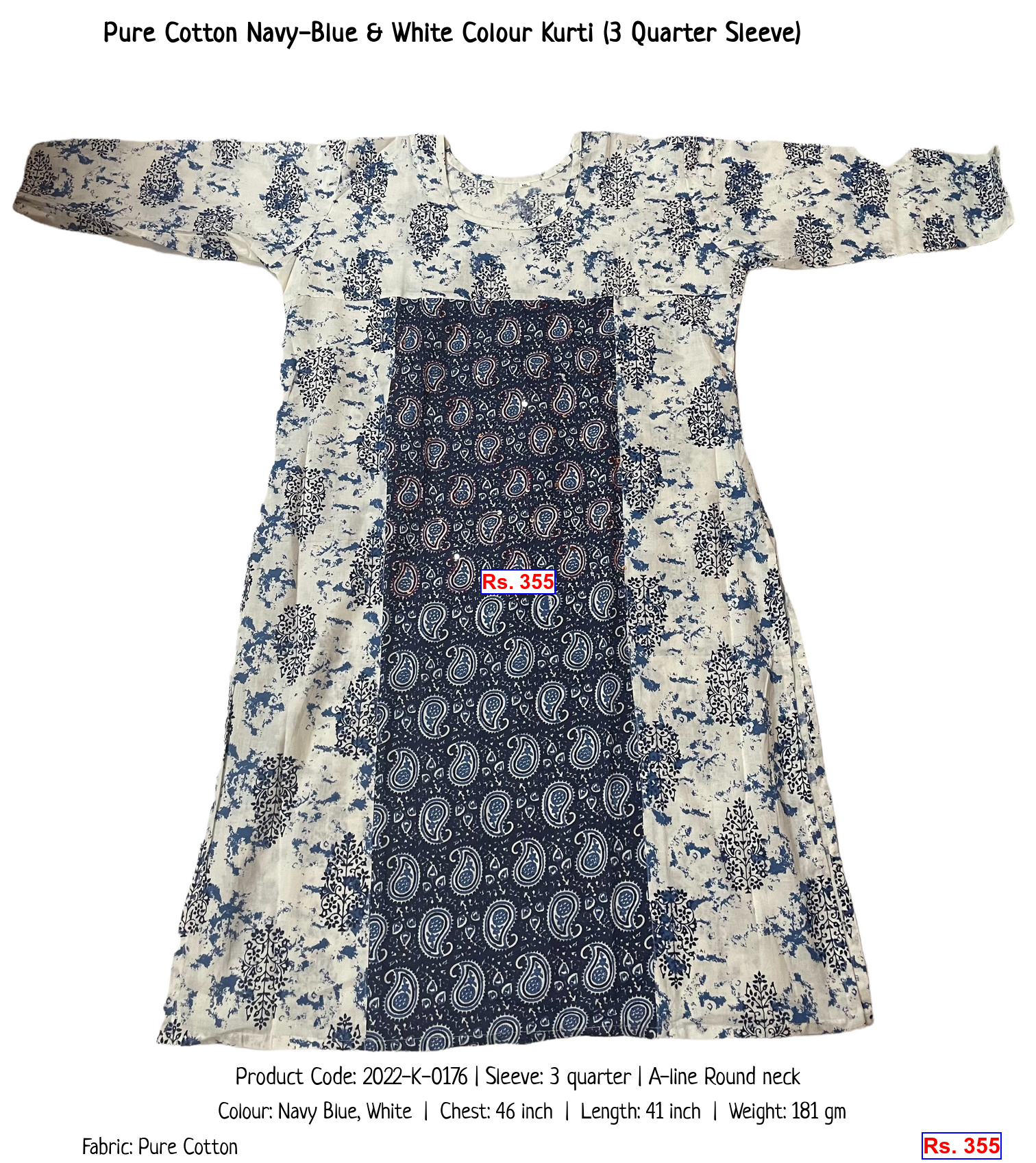 Pure Cotton Navy-Blue & White Colour Kurti (3 Quarter Sleeve)