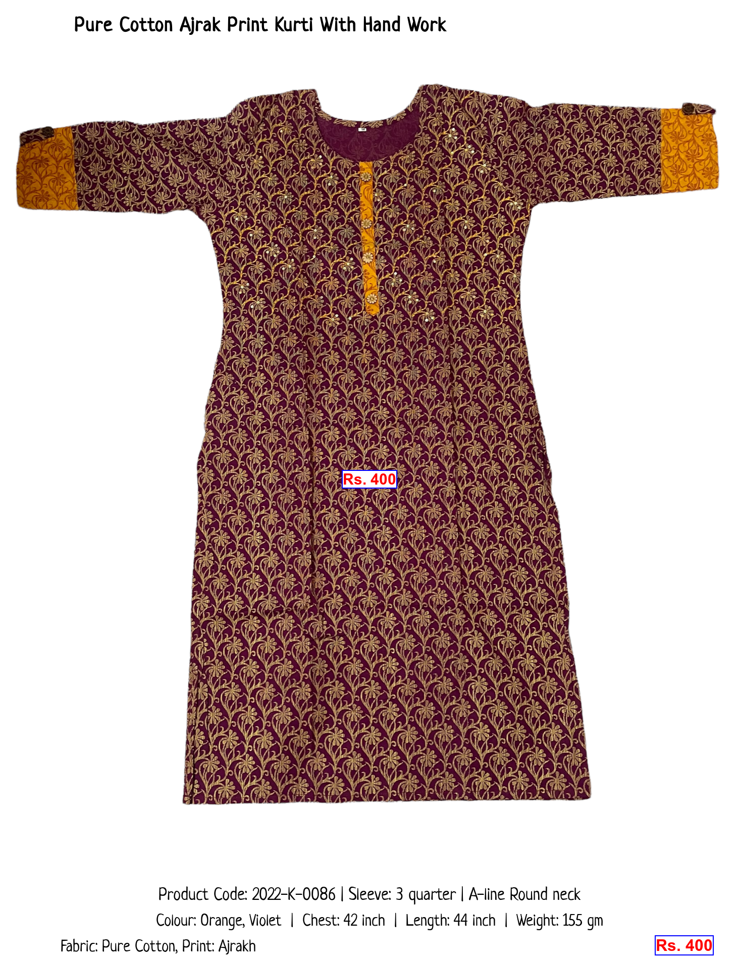 Pure Cotton Ajrak Print Kurti With Hand Work