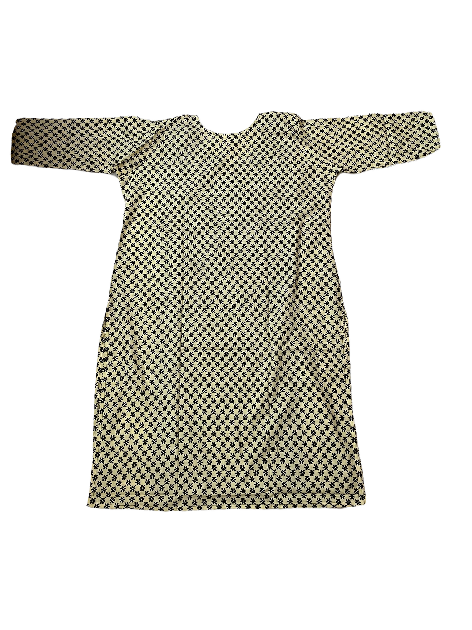 Pure Cotton Yellowish-white Colour Kurti (Black Flowers Mini Print) With 3 Quarter Sleeve