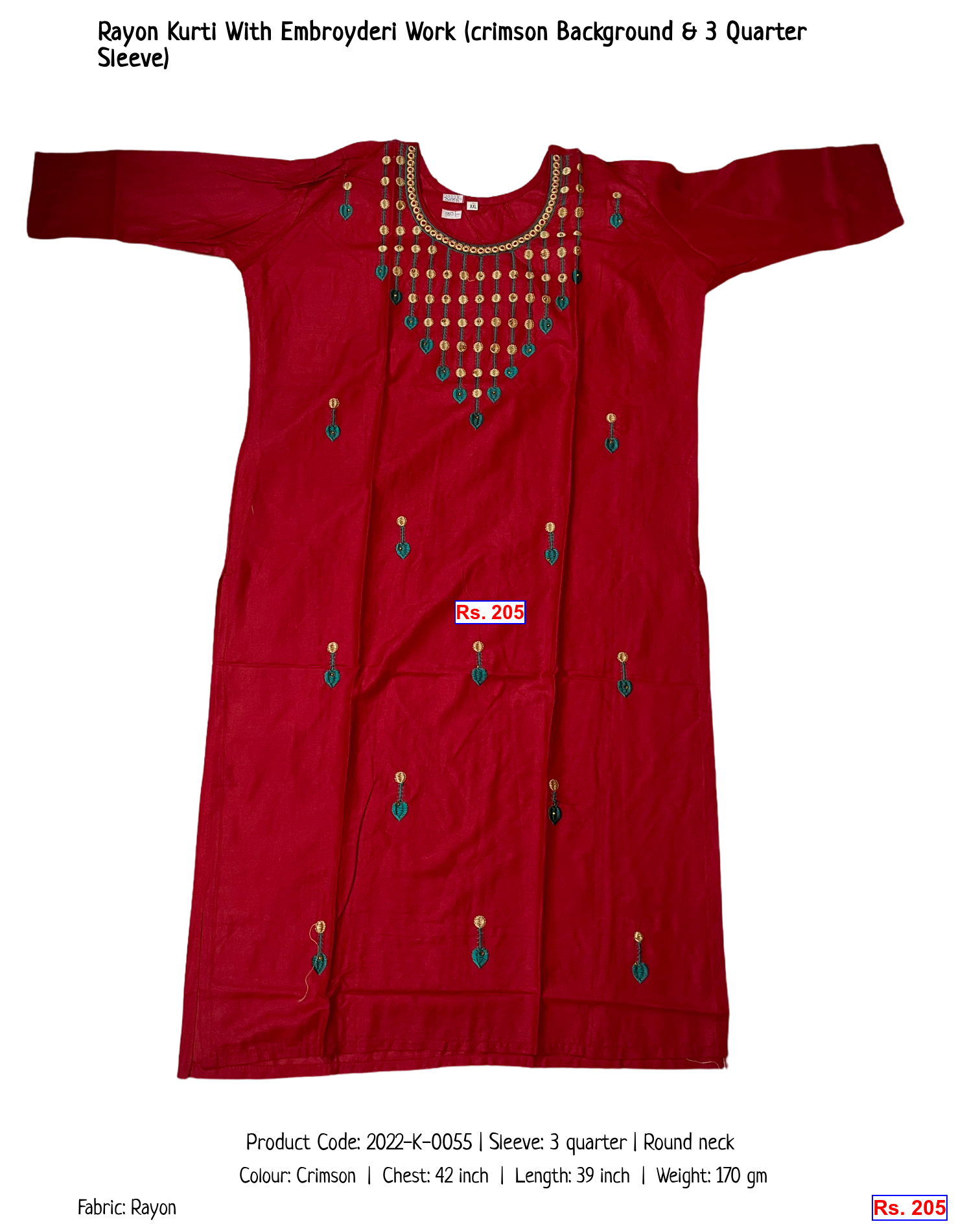 Rayon Kurti With Embroyderi Work (crimson Background & 3 Quarter Sleeve)