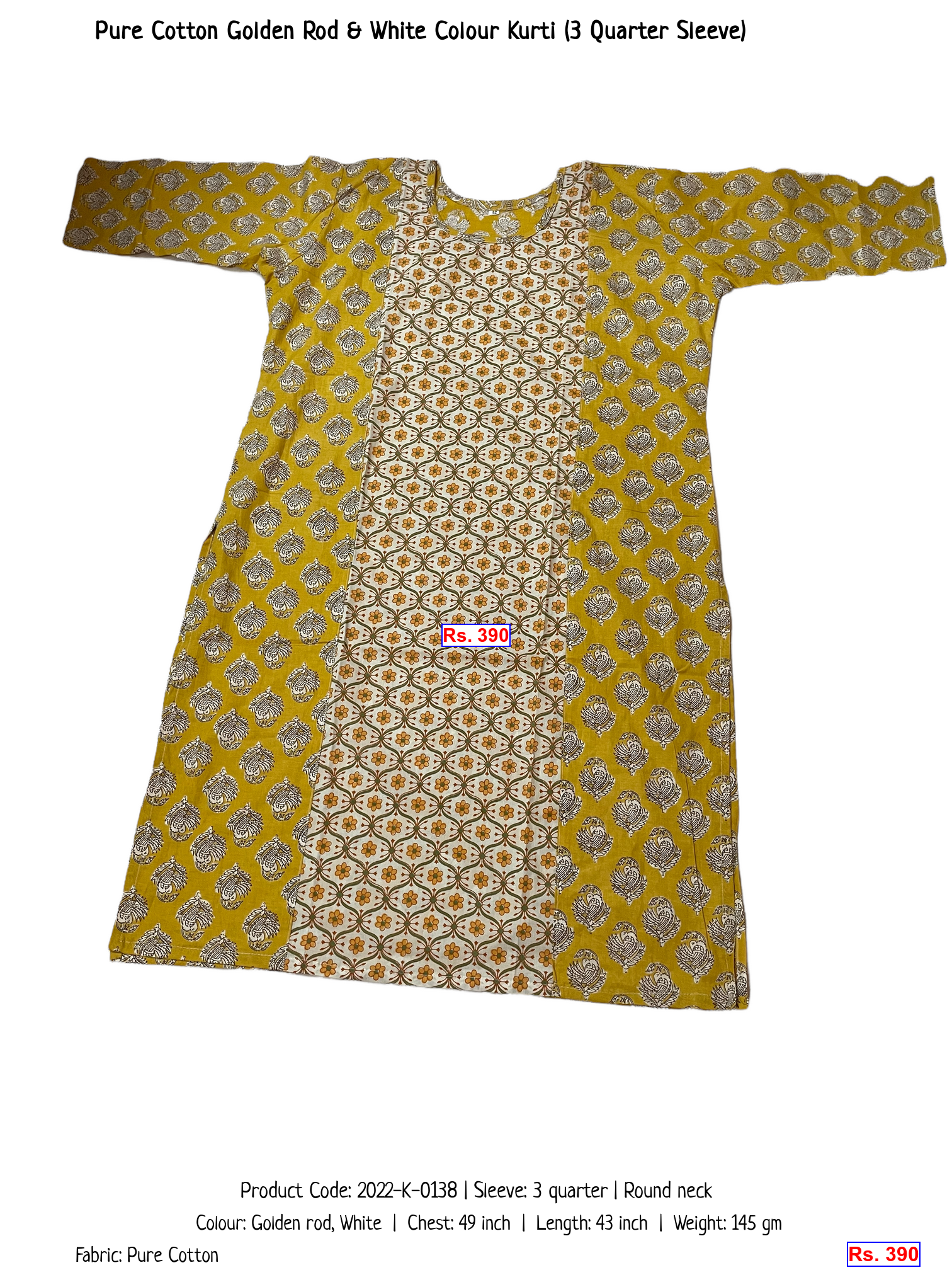 Pure Cotton Golden Rod & White Colour Kurti (3 Quarter Sleeve)
