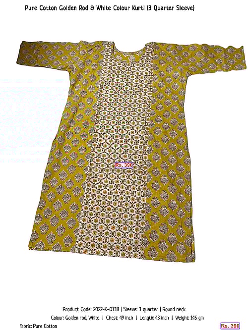 Pure Cotton Golden Rod & White Colour Kurti (3 Quarter Sleeve) | Rs. 390