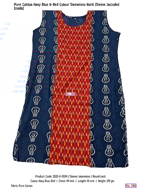293-pure-cotton-navy-blue-red-colour-sleeveless-kurti-sleeve-included-inside | Rs. 380