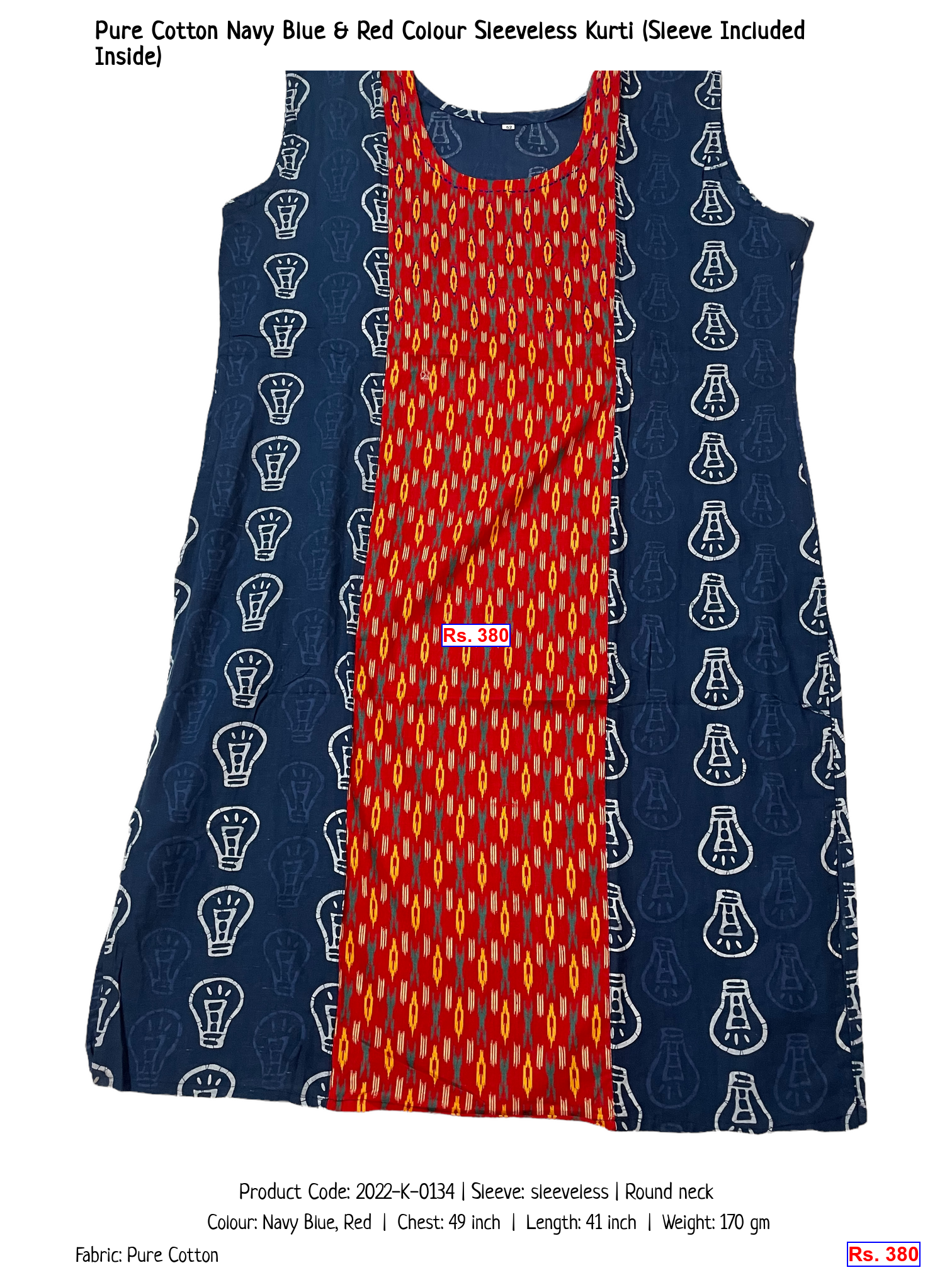 Pure Cotton Navy Blue & Red Colour Sleeveless Kurti (Sleeve Included Inside)