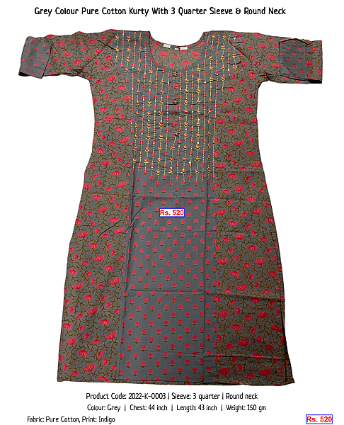 18-grey-colour-pure-cotton-kurty-with-3-quarter-sleeve-round-neck | Rs. 520