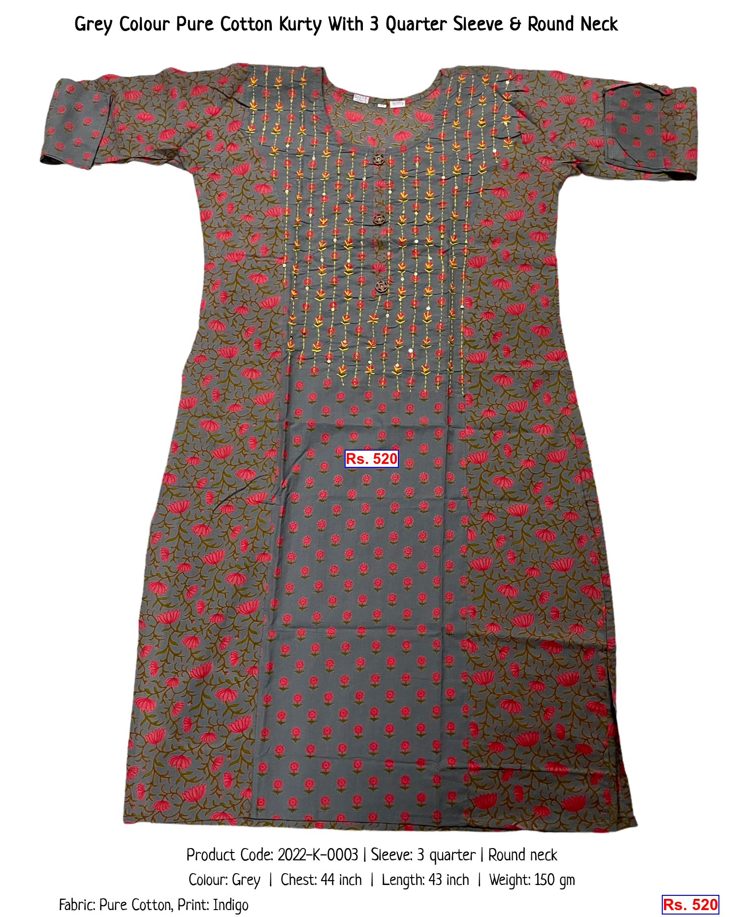 Grey Colour Pure Cotton Kurty With 3 Quarter Sleeve & Round Neck