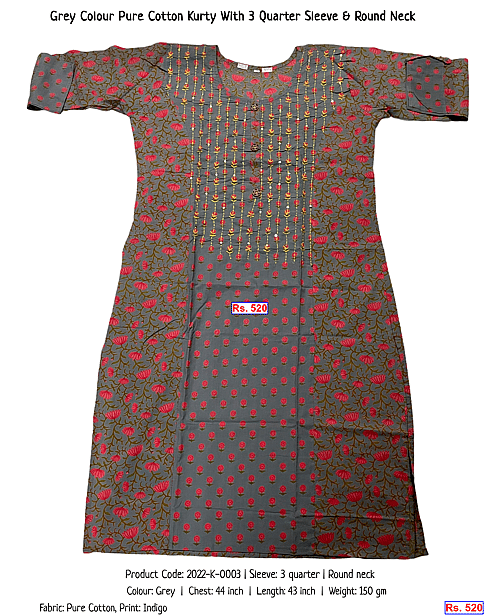 Grey Colour Pure Cotton Kurty With 3 Quarter Sleeve & Round Neck | Rs. 520