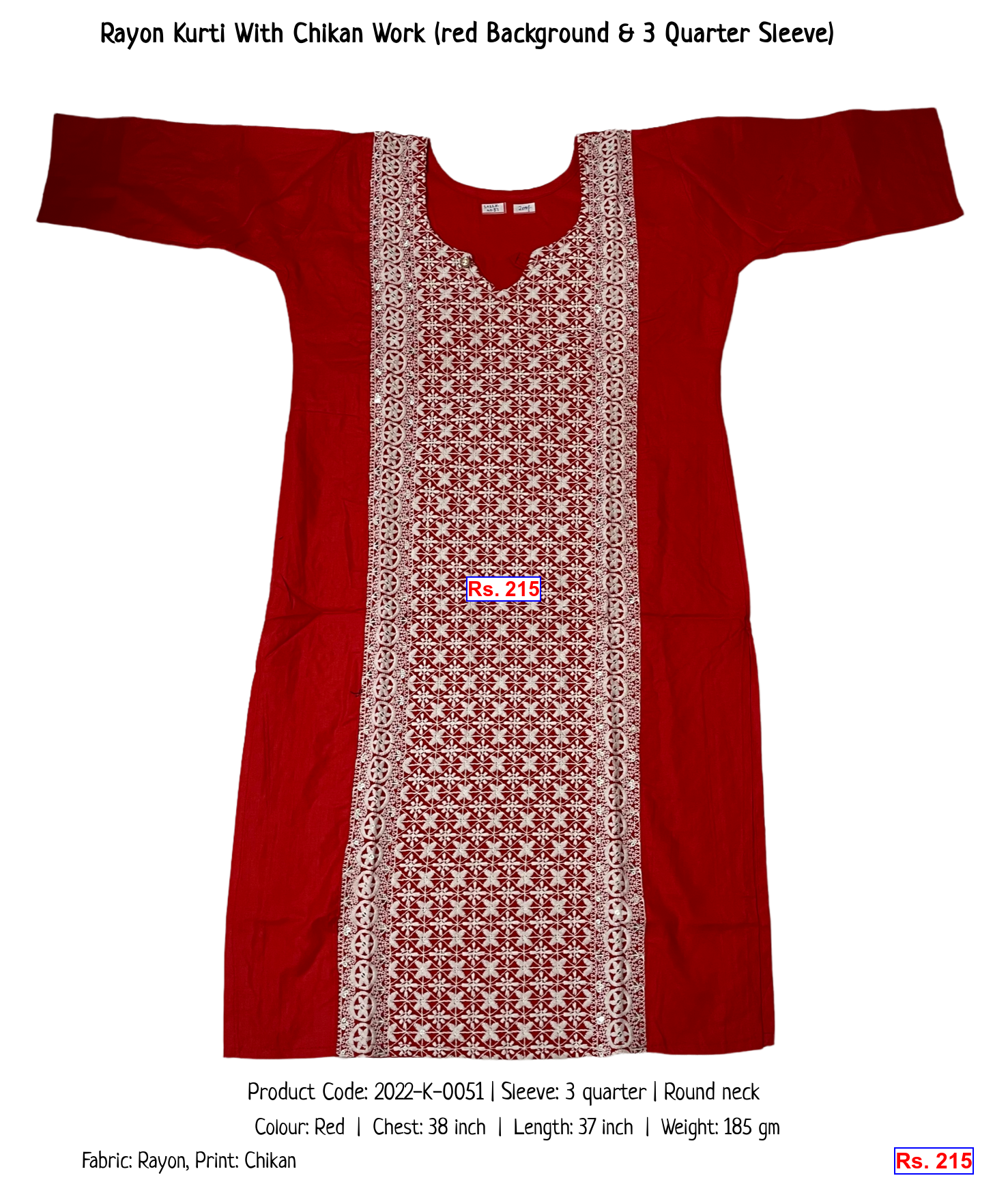 Rayon Kurti With Chikan Work (red Background & 3 Quarter Sleeve)