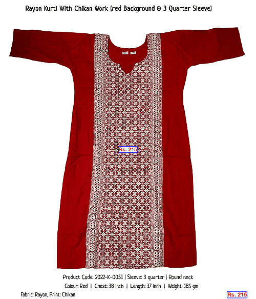 Rayon Kurti With Chikan Work (red Background & 3 Quarter Sleeve) | Rs. 215