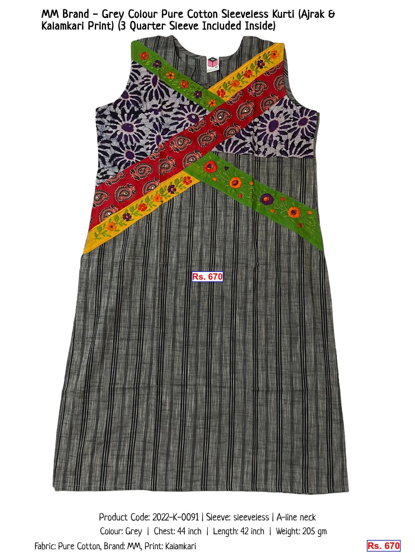 MM Brand - Grey Colour Pure Cotton Sleeveless Kurti (Ajrak & Kalamkari Print) (3 Quarter Sleeve Included Inside)