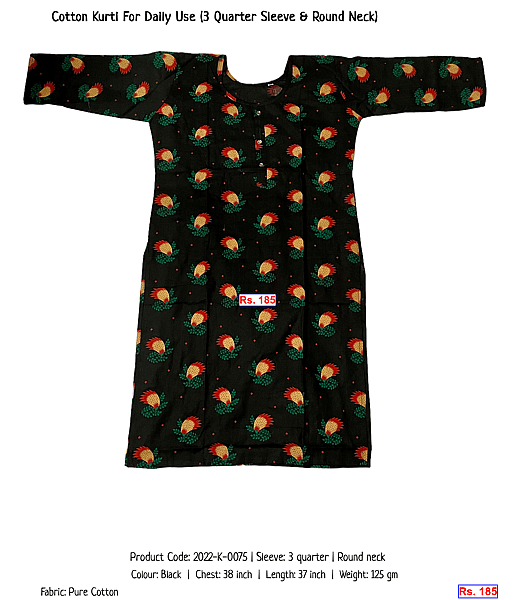 219-cotton-kurti-for-daily-use-3-quarter-sleeve-round-neck | Rs. 185