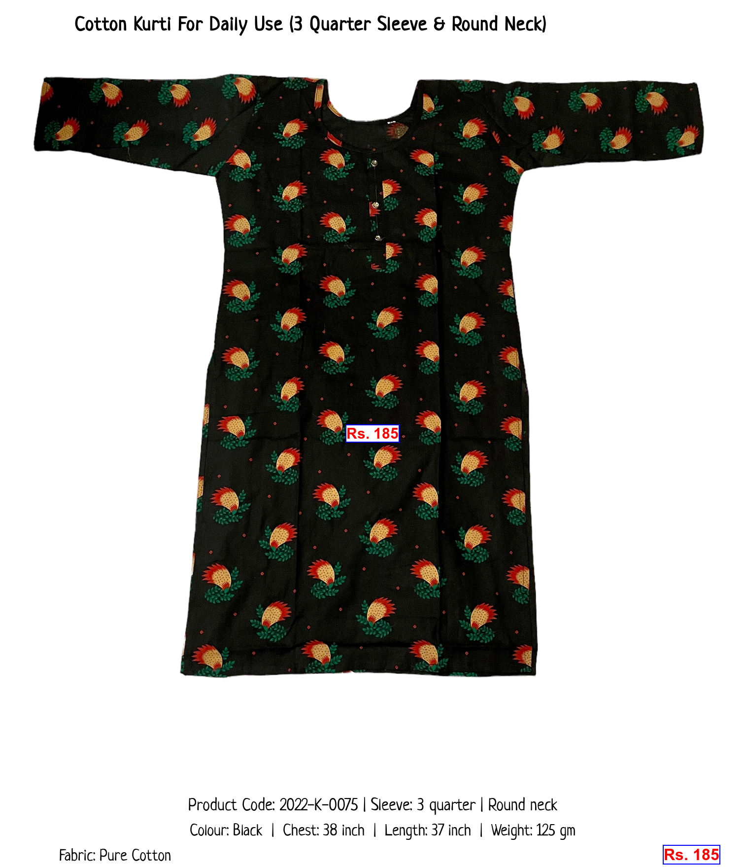 Cotton Kurti For Daily Use (3 Quarter Sleeve & Round Neck)