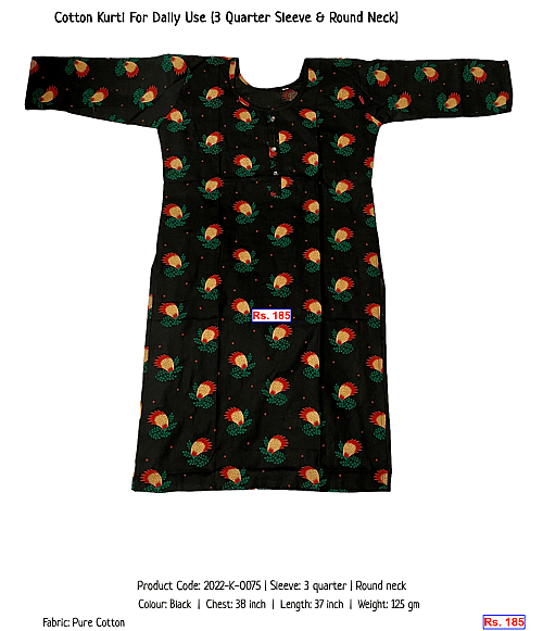 Cotton Kurti For Daily Use (3 Quarter Sleeve & Round Neck) | Rs. 185