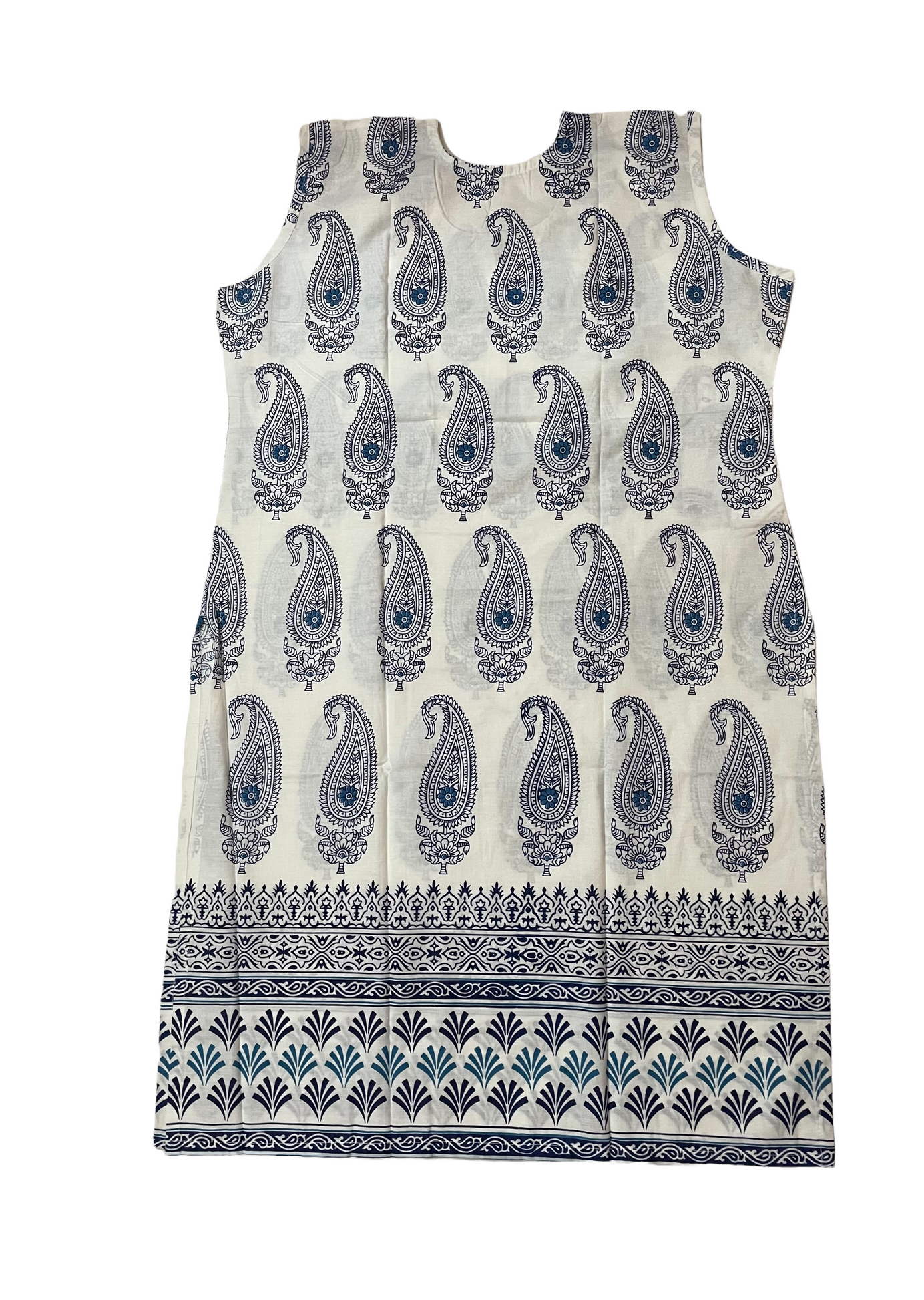 Pure Cotton White & Blue Colour Sleeveless Kurti (Sleeve Included Inside)