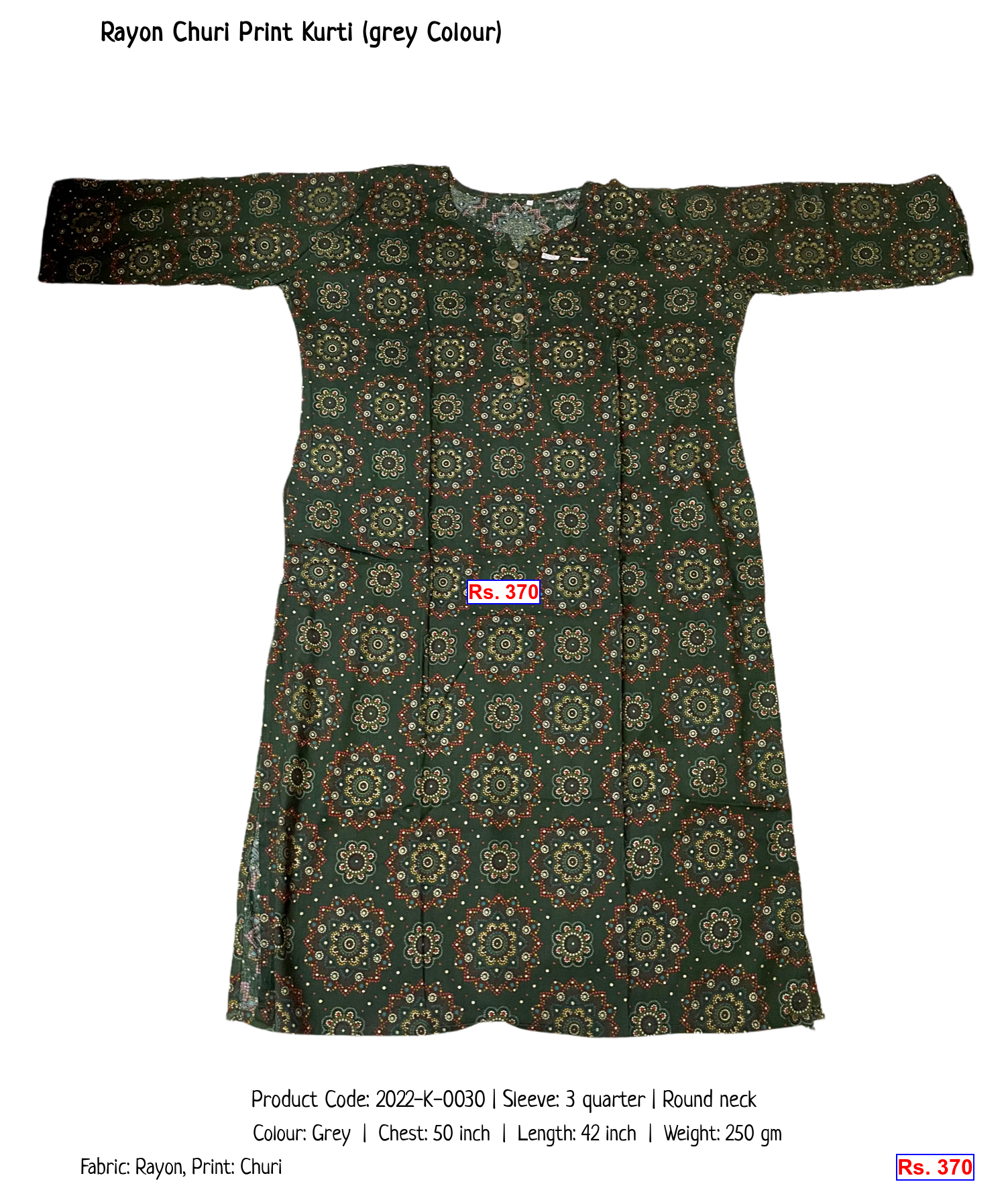 Rayon Churi Print Kurti (grey Colour)