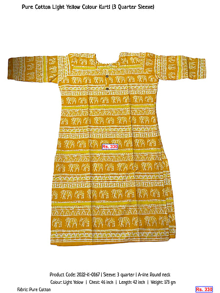 326-pure-cotton-light-yellow-colour-kurti-3-quarter-sleeve | Rs. 330