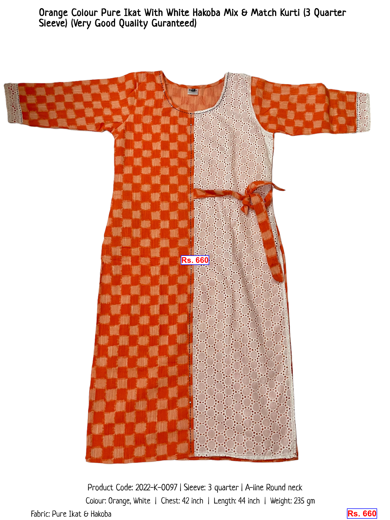 Orange Colour Pure Ikat With White Hakoba Mix & Match Kurti (3 Quarter Sleeve) (Very Good Quality Guranteed)