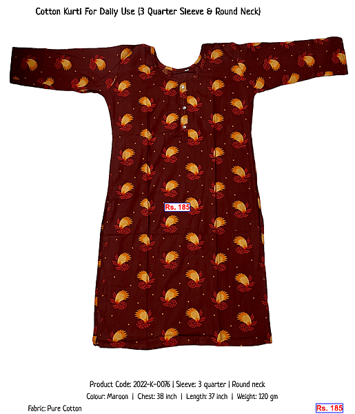 220-cotton-kurti-for-daily-use-3-quarter-sleeve-round-neck | Rs. 185