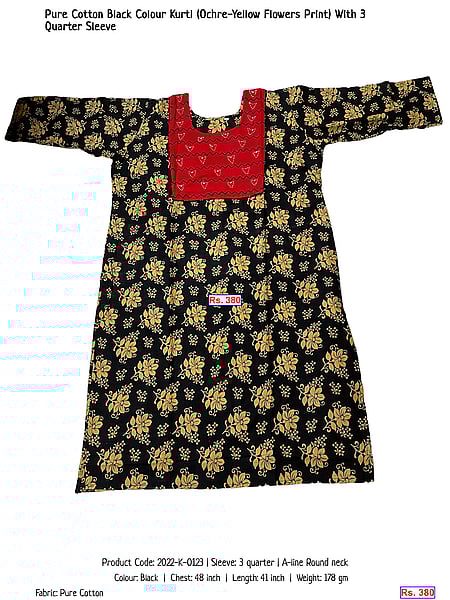 282-pure-cotton-black-colour-kurti-ochre-yellow-flowers-print-with-3-quarter-sleeve | Rs. 380