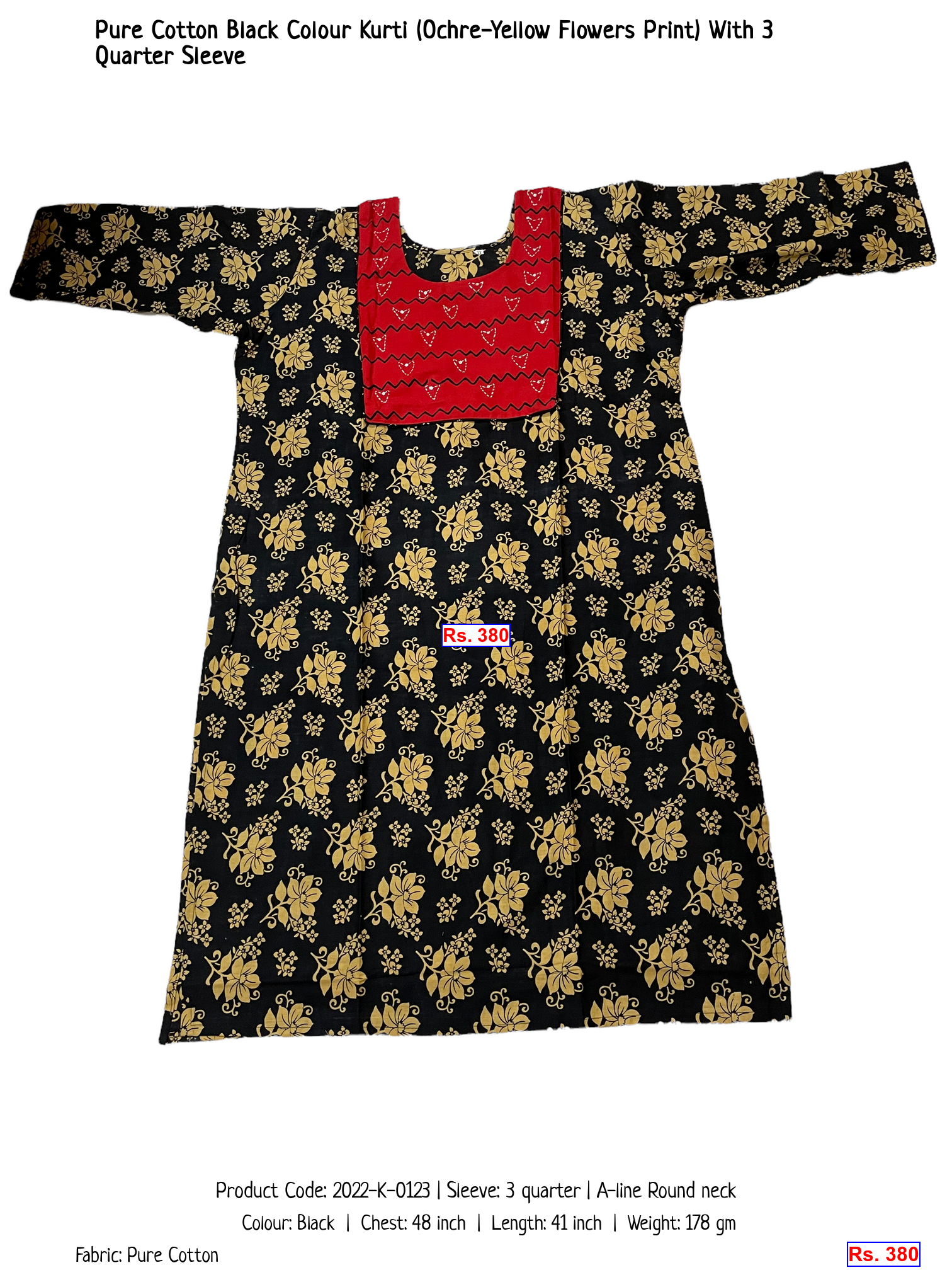 Pure Cotton Black Colour Kurti (Ochre-Yellow Flowers Print) With 3 Quarter Sleeve