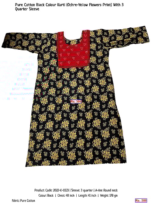 Pure Cotton Black Colour Kurti (Ochre-Yellow Flowers Print) With 3 Quarter Sleeve | Rs. 380