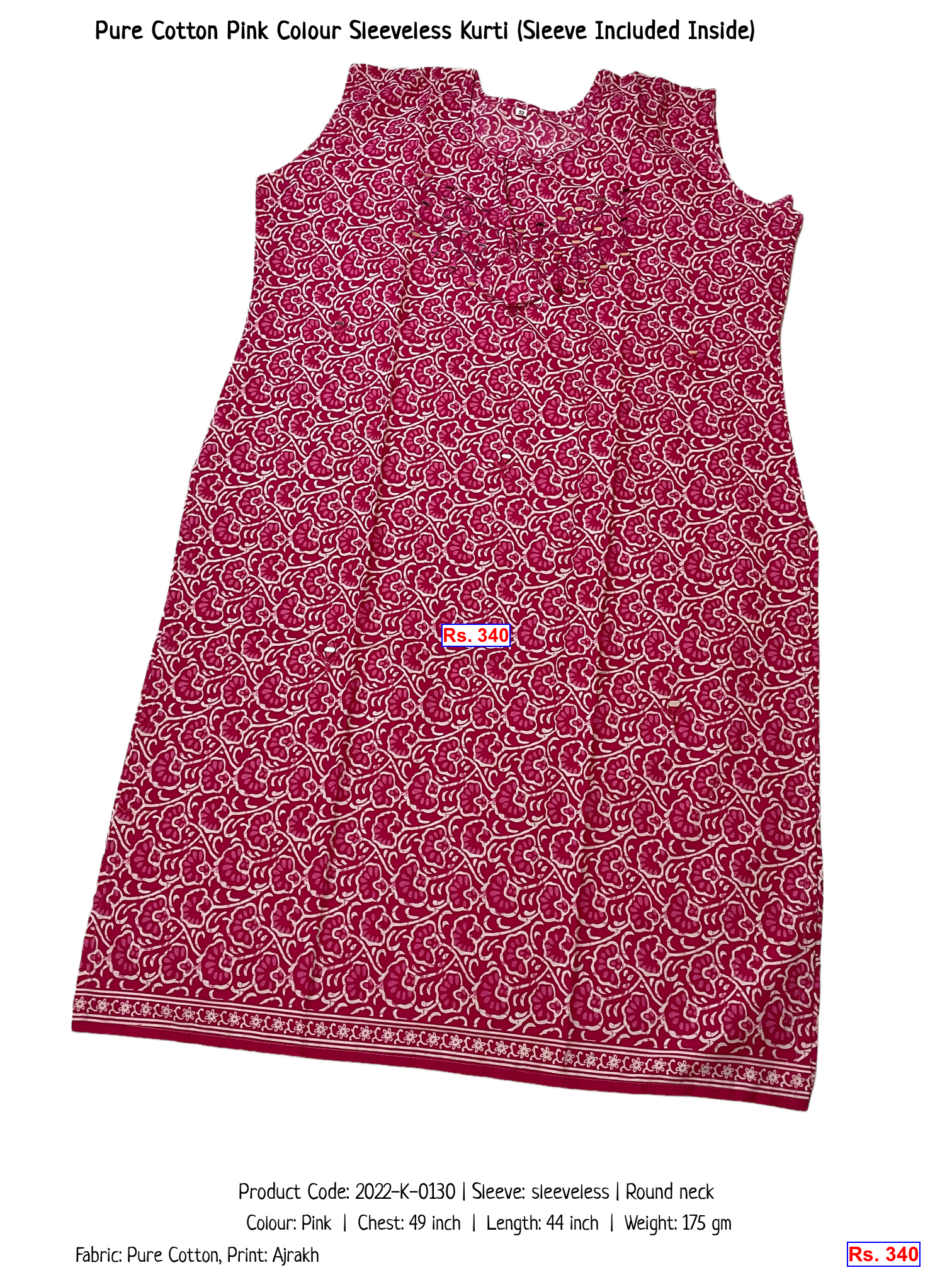 Pure Cotton Pink Colour Sleeveless Kurti (Sleeve Included Inside)
