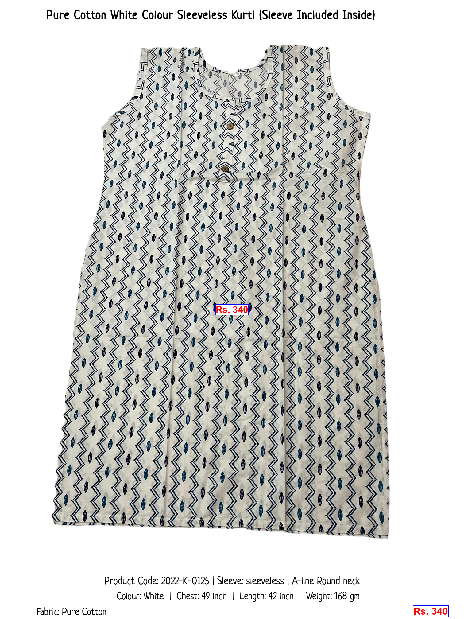 Pure Cotton White Colour Sleeveless Kurti (Sleeve Included Inside)