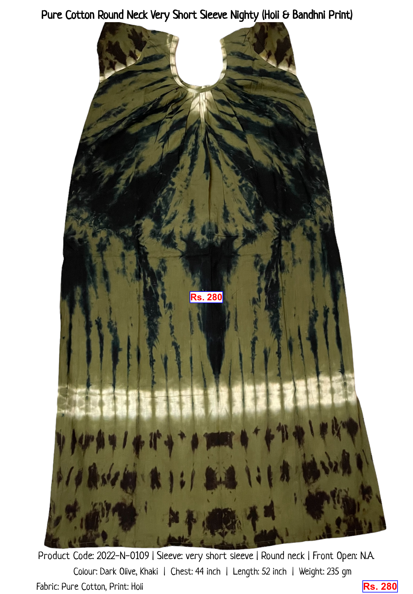 Pure Cotton Round Neck Very Short Sleeve Nighty (Holi & Bandhni Print)