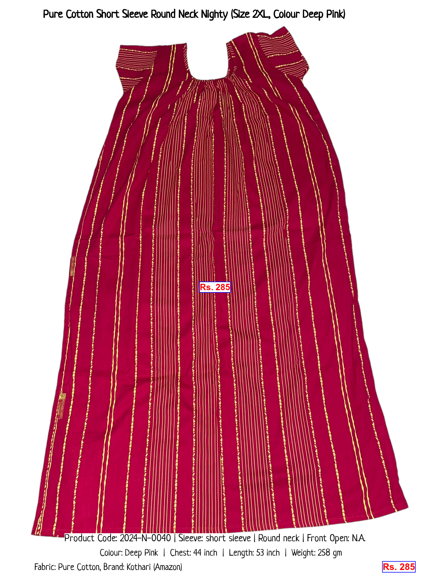 Pure Cotton Short Sleeve Round Neck Nighty (Size 2XL, Colour Deep Pink)