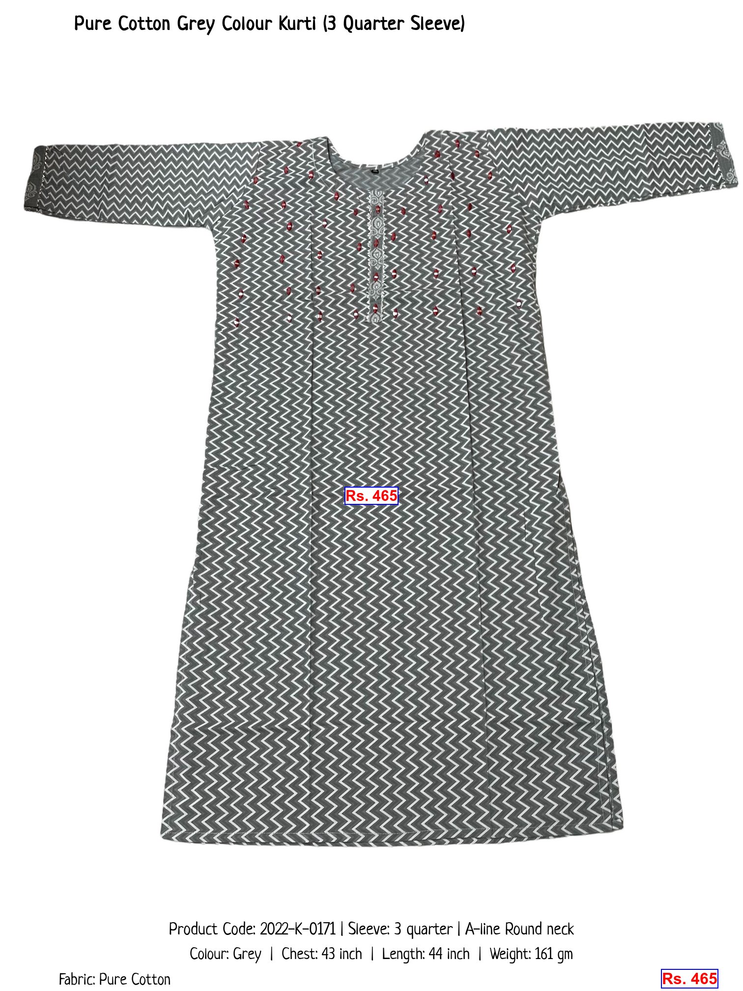 Pure Cotton Grey Colour Kurti (3 Quarter Sleeve)