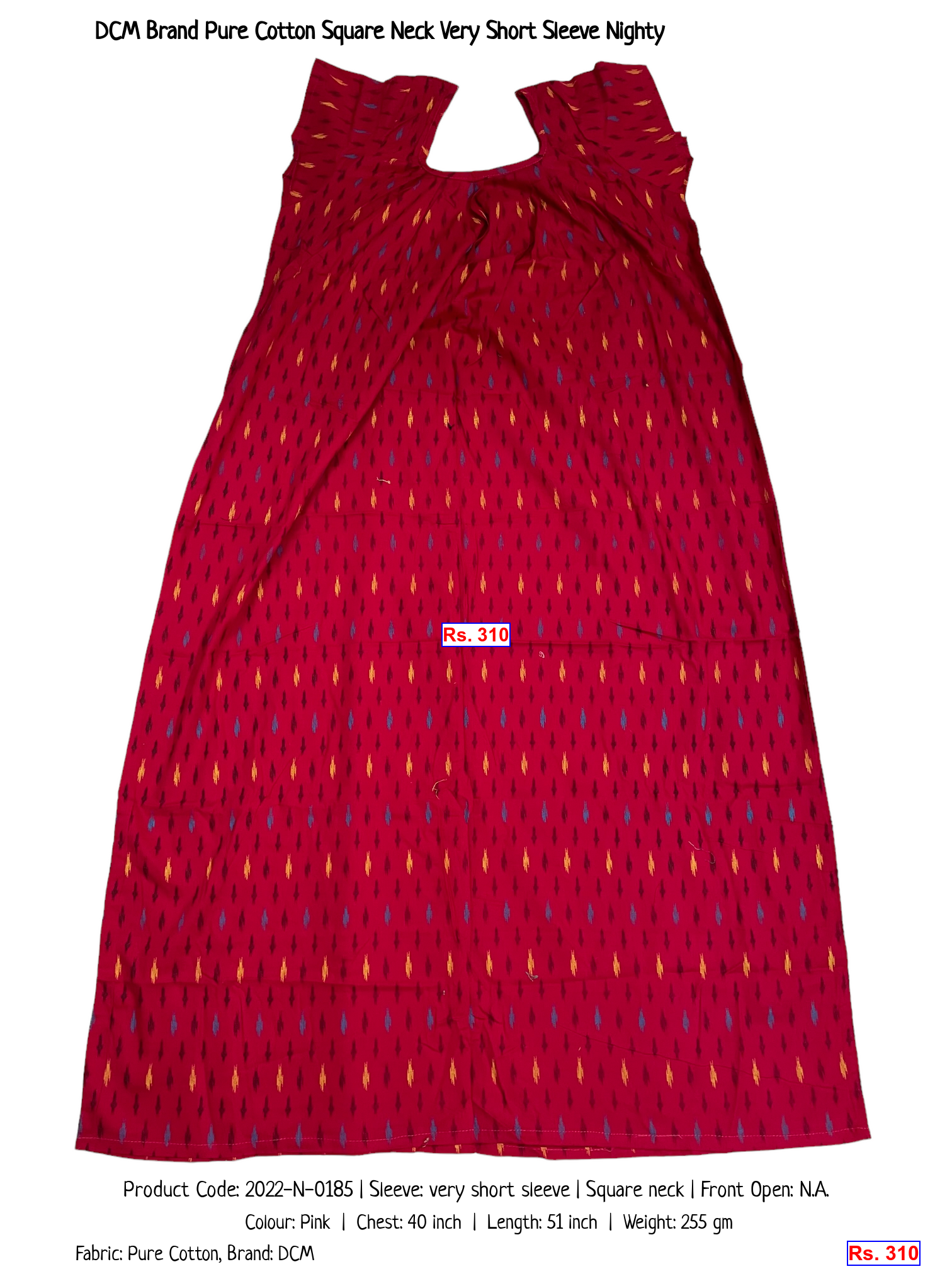 DCM Brand Pure Cotton Square Neck Very Short Sleeve Nighty