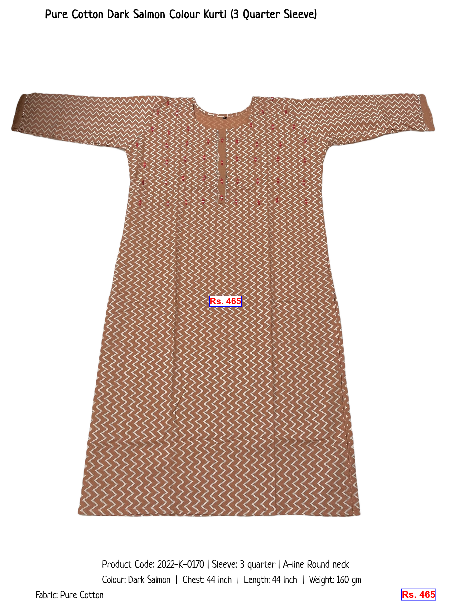 Pure Cotton Dark Salmon Colour Kurti (3 Quarter Sleeve)