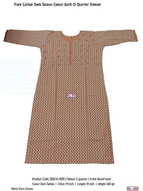 Pure Cotton Dark Salmon Colour Kurti (3 Quarter Sleeve) | Rs. 465