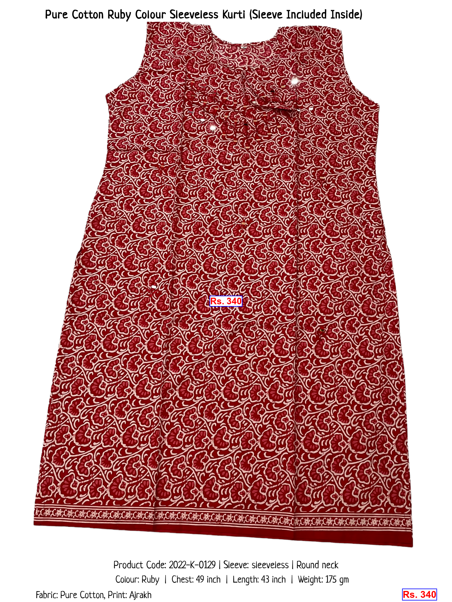 Pure Cotton Ruby Colour Sleeveless Kurti (Sleeve Included Inside)