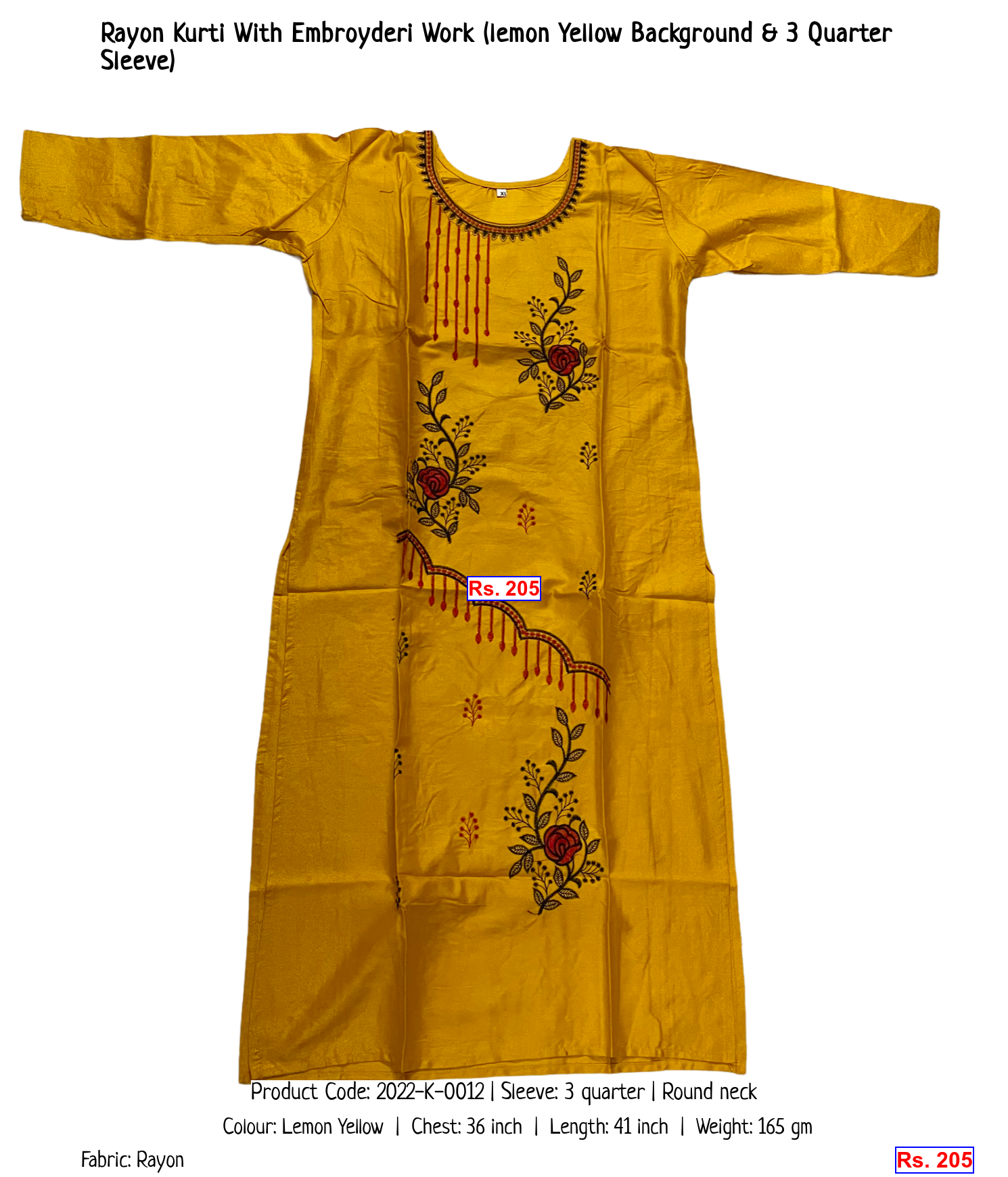 Rayon Kurti With Embroyderi Work (lemon Yellow Background & 3 Quarter Sleeve)