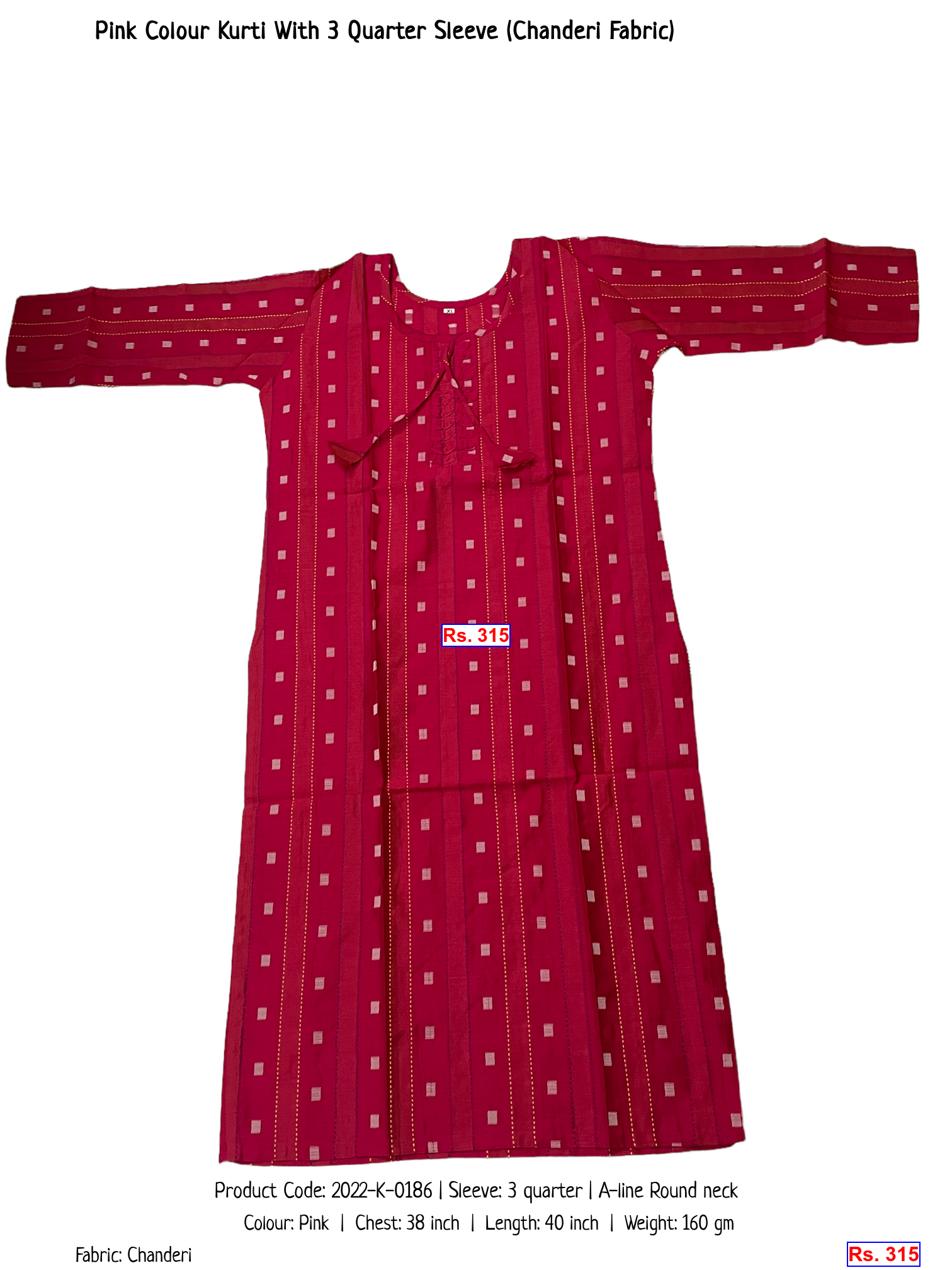 Pink Colour Kurti With 3 Quarter Sleeve (Chanderi Fabric)