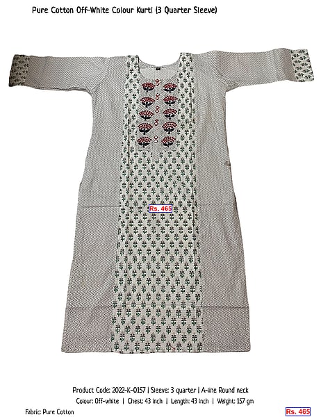 316-pure-cotton-off-white-colour-kurti-3-quarter-sleeve | Rs. 465