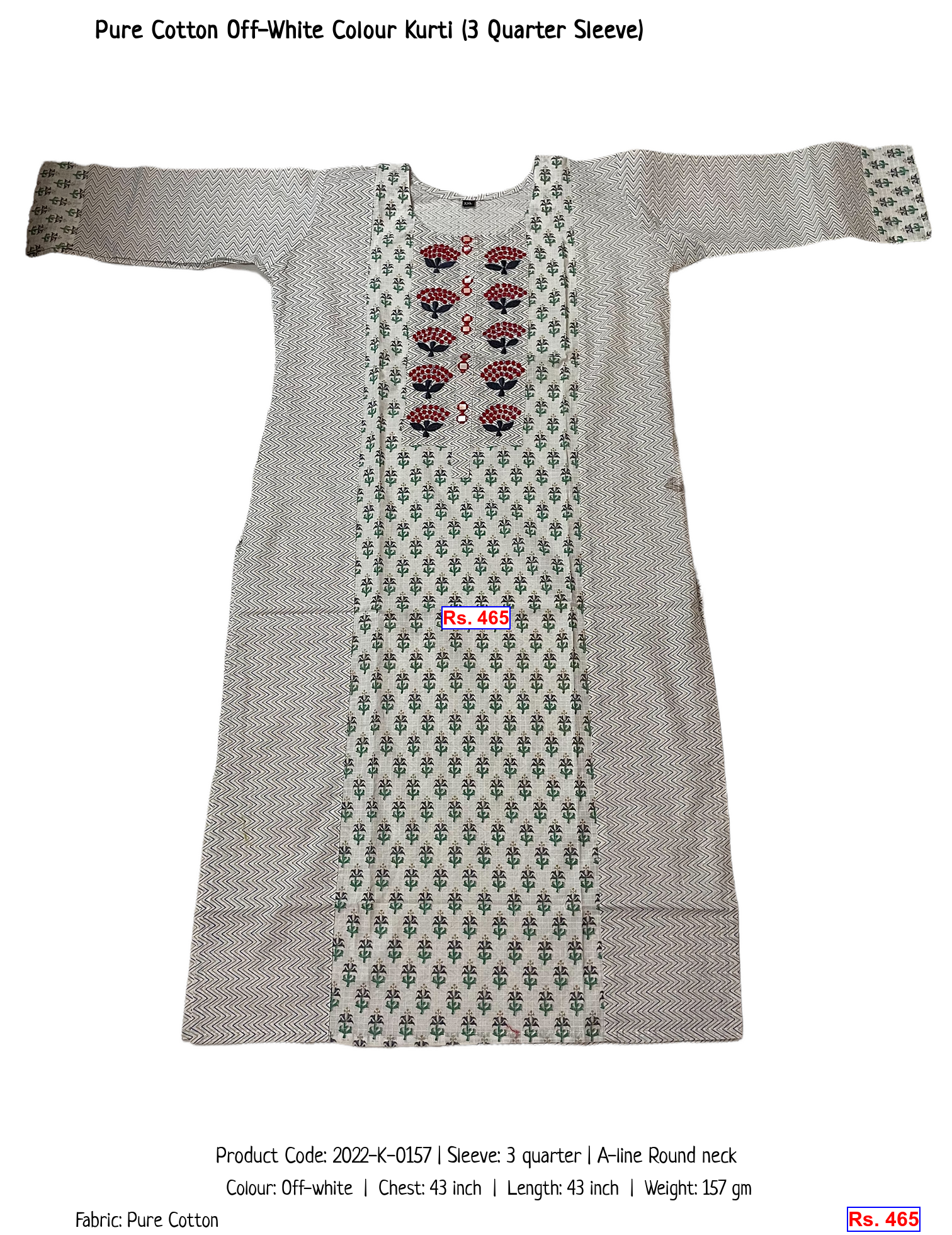 Pure Cotton Off-White Colour Kurti (3 Quarter Sleeve)