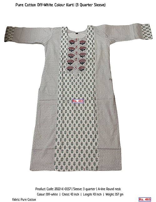 Pure Cotton Off-White Colour Kurti (3 Quarter Sleeve) | Rs. 465