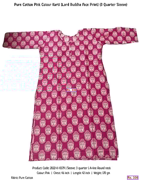 338-pure-cotton-pink-colour-kurti-lord-buddha-face-print-3-quarter-sleeve | Rs. 330